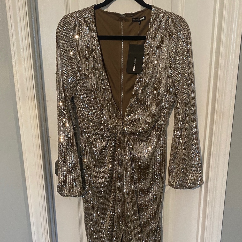 Fashion Nova Glittering Silver Long Sleeve Dress